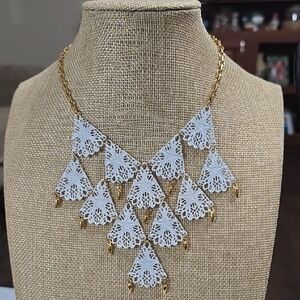Vintage Vendome White Lace Triangle Bib Necklace Gold Tone